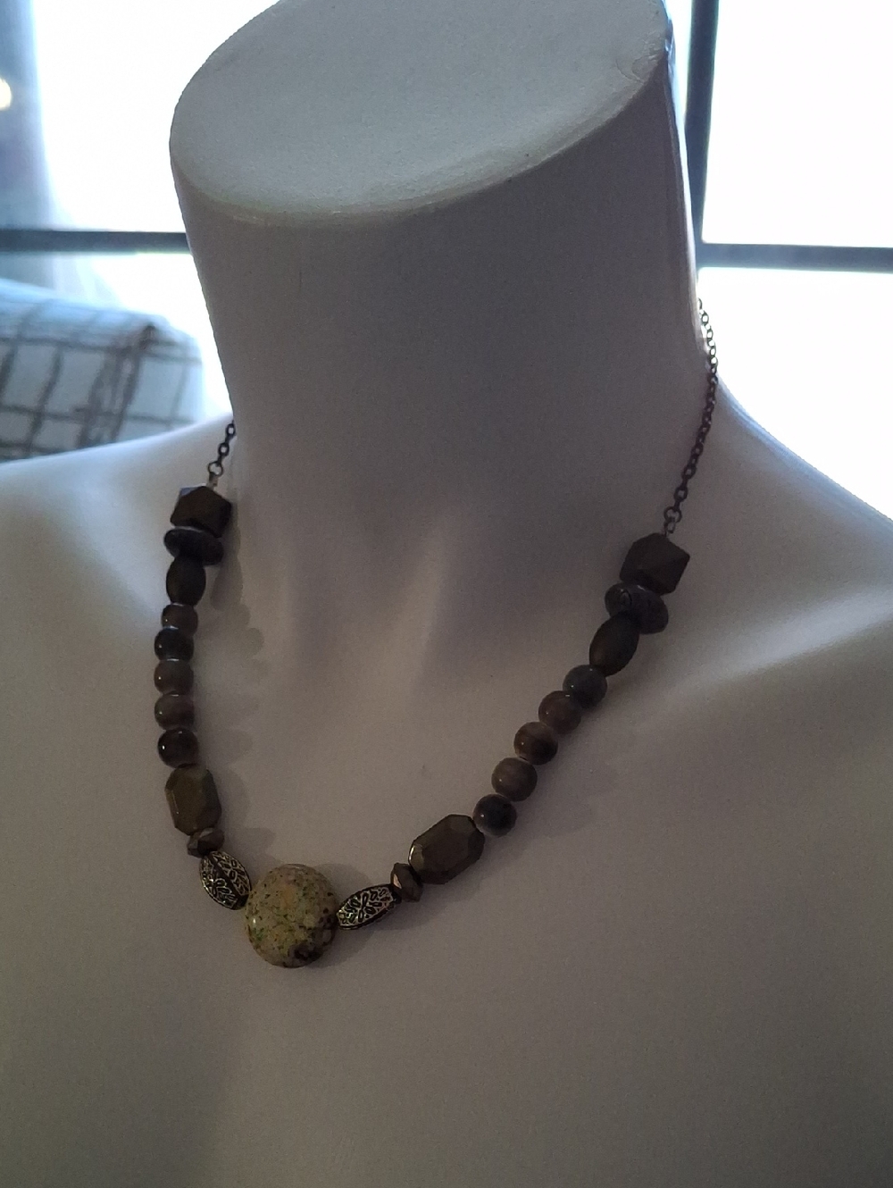 Earth-Tone Beaded Necklace with Accent Stone - Women Jewelry